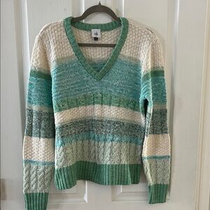 CAbi Women's Green and Cream V-Neck Sweater